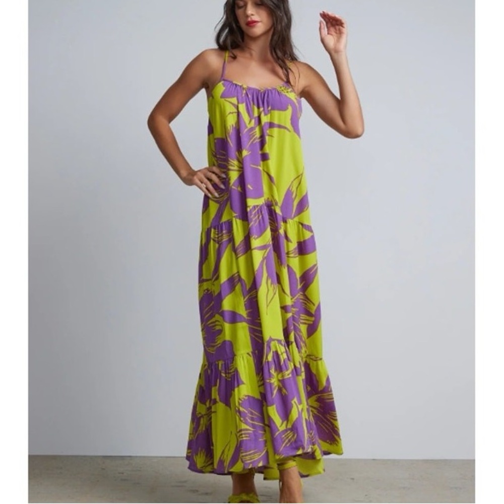 Vibrant Green and Purple Tropical Print Flowy Maxi Dress Resortwear